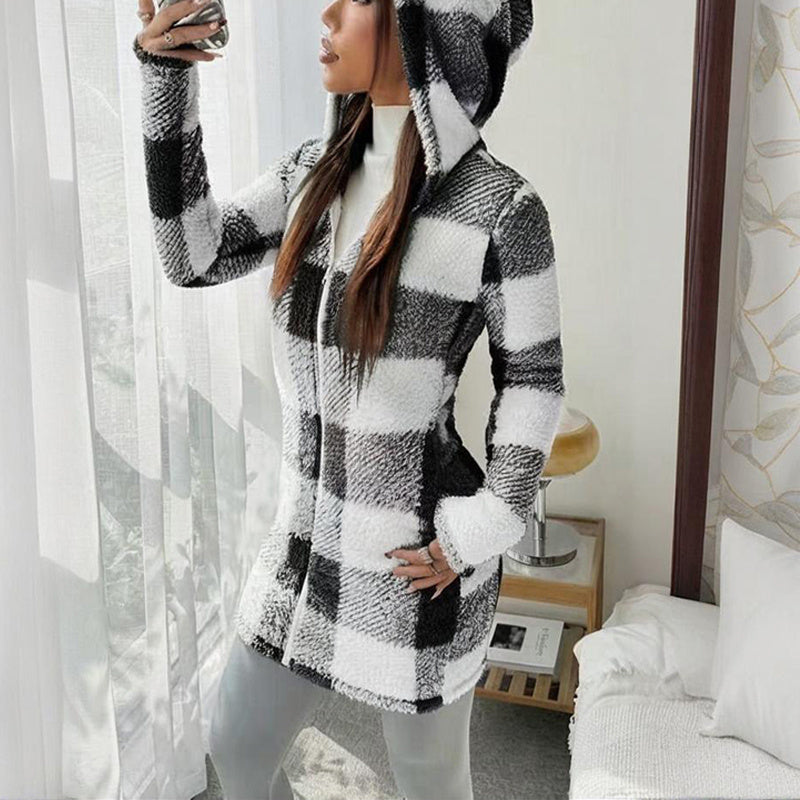 Women's Long Sleeve Plaid Long Hooded Sherpa Coat, Soft Fleece Lined Jacket With Pockets For Winter
