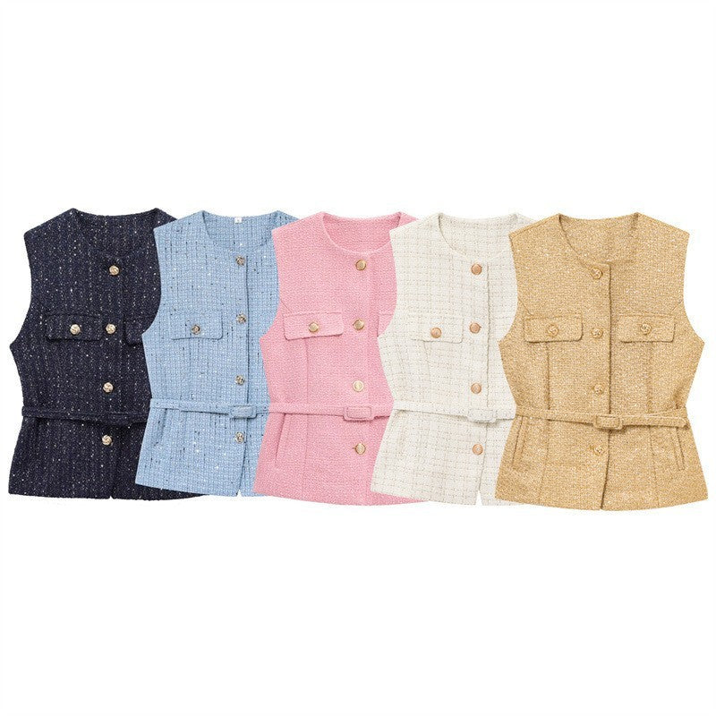 Women's Fashion Casual Sleeveless With Belt Texture Vest
