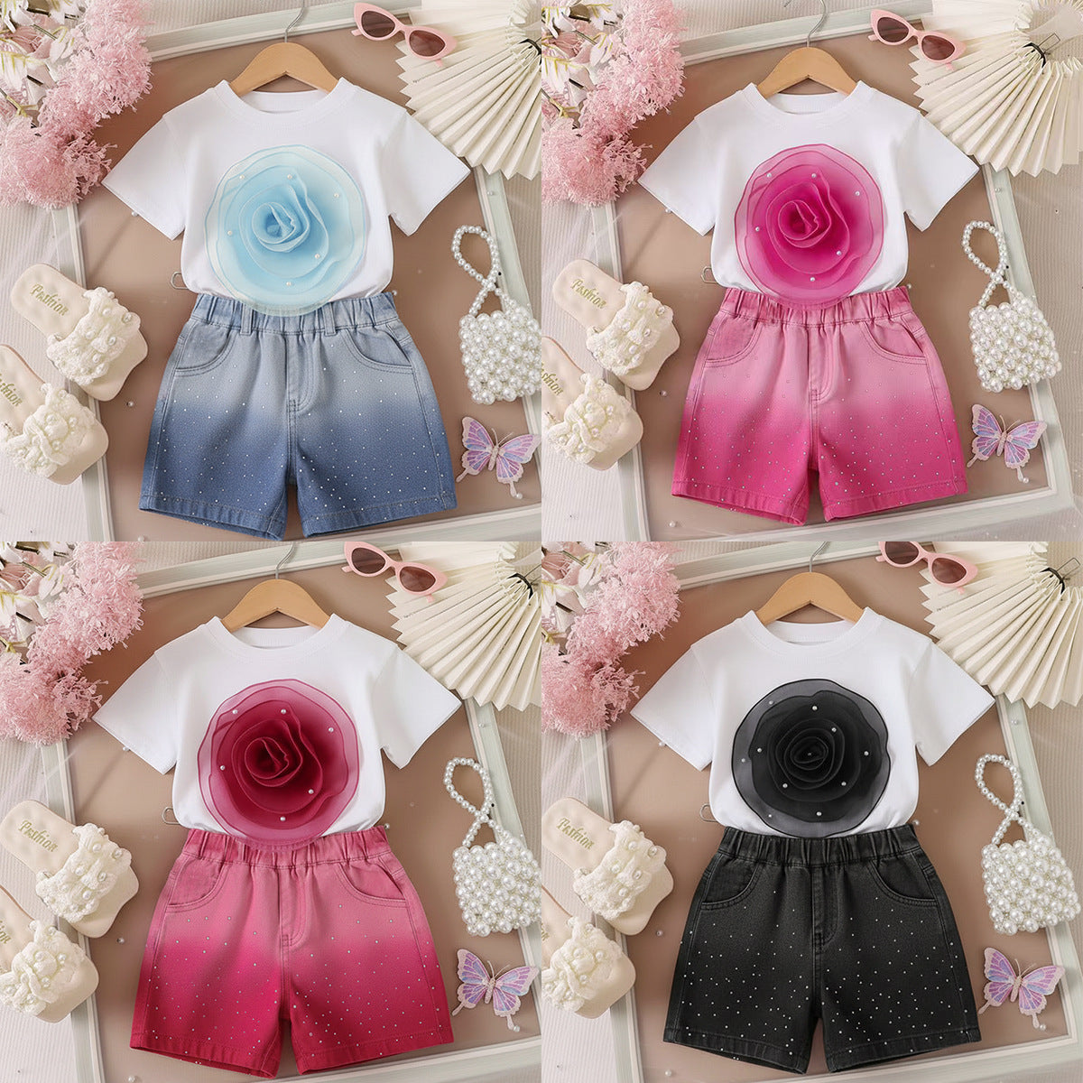 T-shirt Gradient Denim Shorts Two-piece Set