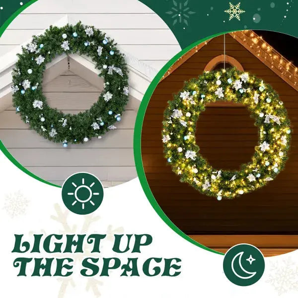 60in Pre-lit Christmas Wreath, Lighted Artificial Xmas Wreath With 220 Cold & Warm White Lights And 600 PVC Tips And DIY Ornaments, For Front Door Gate Wall Xmas Party Decorations, Light Green - The Premium