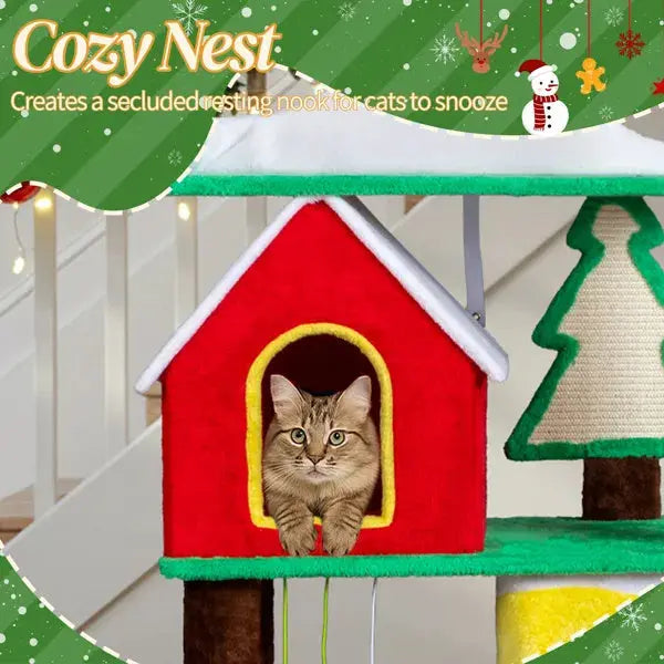 56in Christmas Themed Plush Cat Tree, Multi-level Cat Tower With Cat Condos, Top Crown Perch, Sisal Ramp Scratching Posts, Large Cat Pet Activity Center For Indoor Cats - The Premium