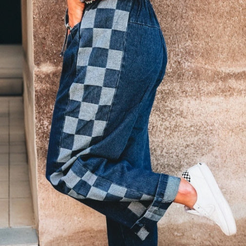 Sail Blue Checkered Side Panel Drawstring Loose Jeans