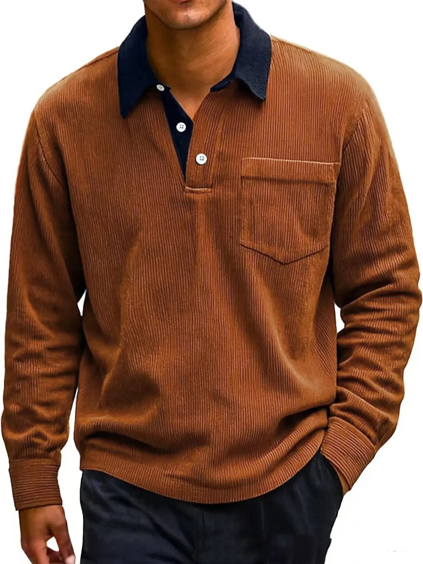 Men's Vintage Corduroy Button Long Sleeve Polo Shirt - The Premium