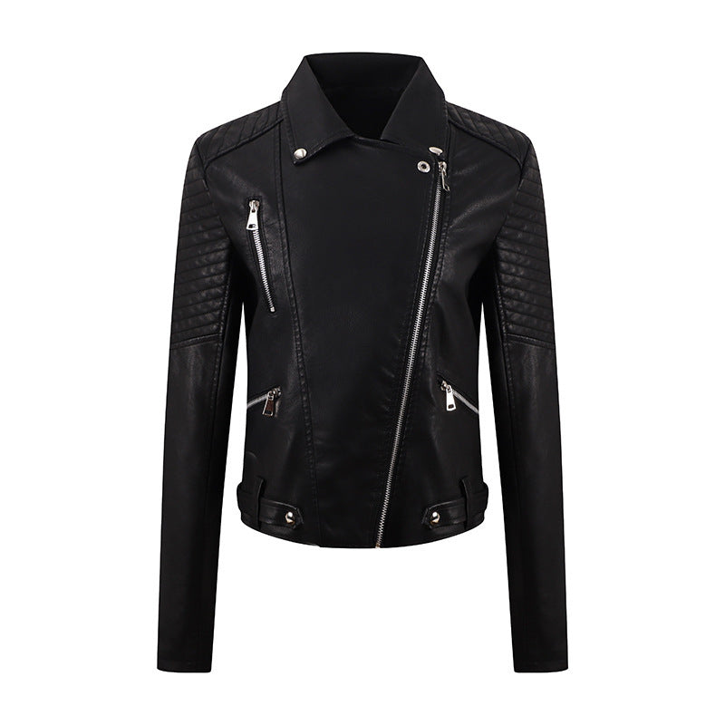 PU Women's Short Leather Oblique Pull Slim Motorcycle Clothing Washed Leather Jacket