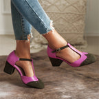 Leather Women's T-strap Two-tone High-heel Sandals