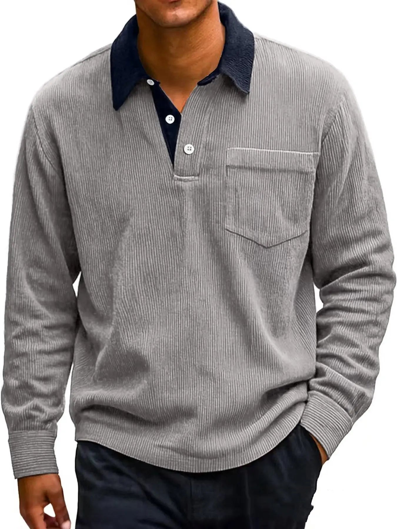 Men's Vintage Corduroy Button Long Sleeve Polo Shirt - The Premium