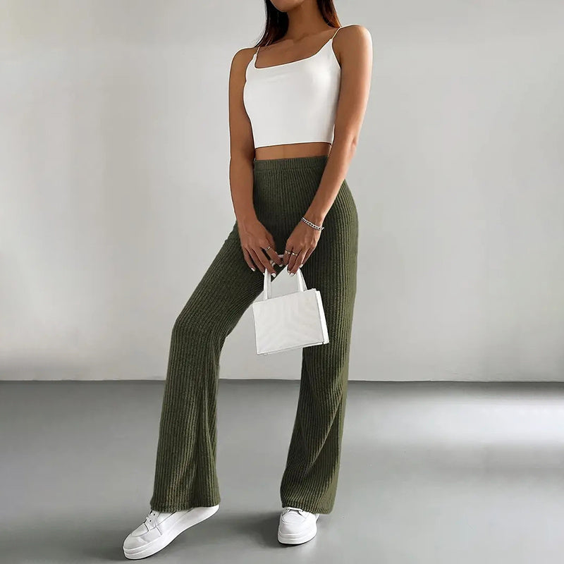 Women's Solid Color Rib-Knit Jogger Pants, Casual Stretch Pull-On Trousers For Spring And Fall
