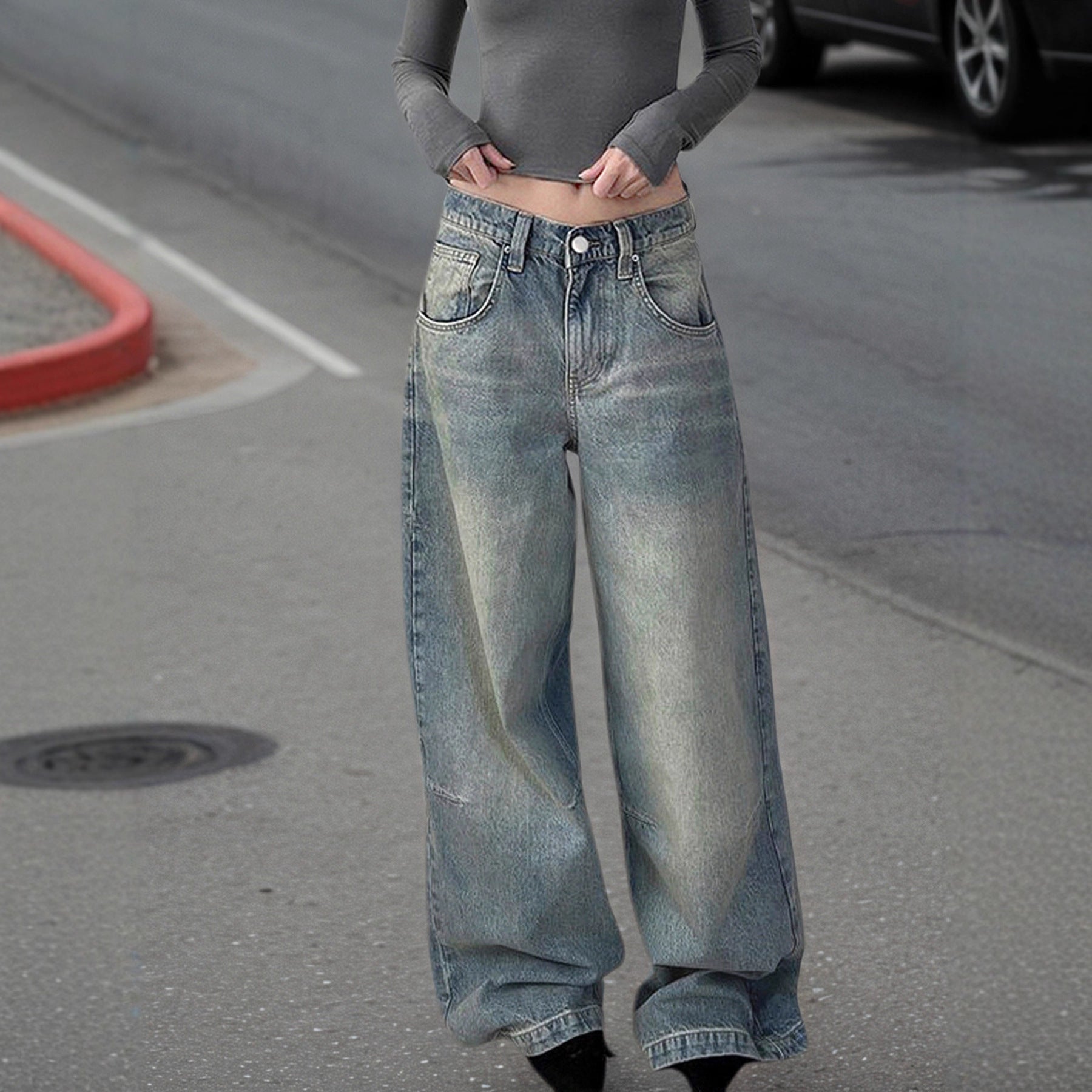 Autumn Winter Retro Distressed Dirty Pants High Waist Straight Loose Wide Leg Jeans