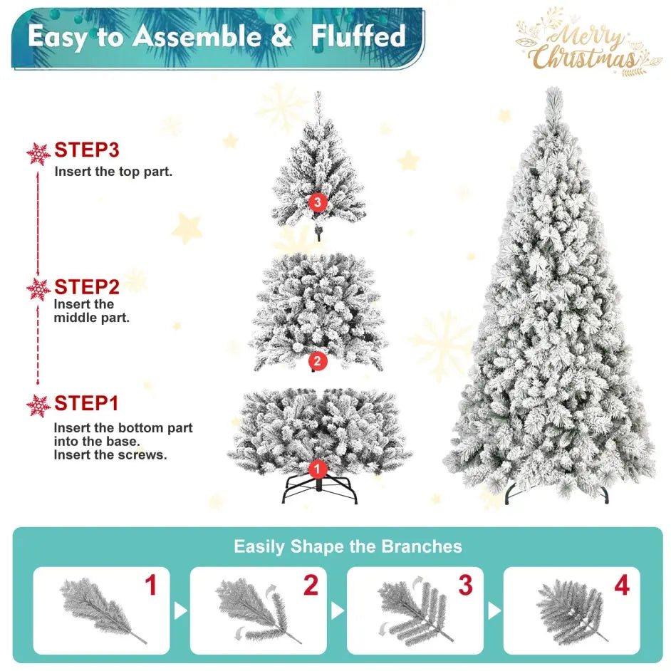 4-foot Flocked Christmas Tree With 150 Warm White LED Lights 350 Tips, With Snowy PVC And Firm Needle Branches, Hinged Design For Easy Setup, Sturdy Metal Base Full And Realistic Holiday Tree - The Premium