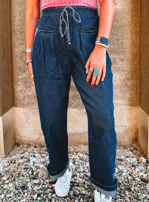 Sail Blue Checkered Side Panel Drawstring Loose Jeans