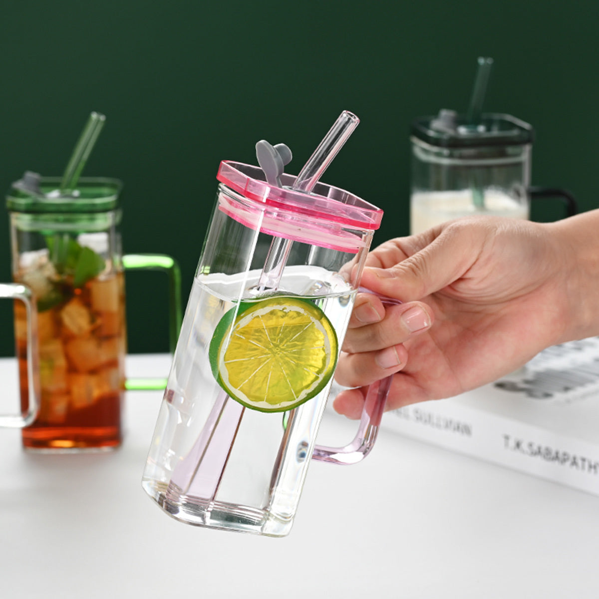 6 Pcs Glass Straw Cup, 6 Colors Square Glass Cup With Straw And Lid, High Borosilicate Glass Cup, Milk Cup, Juice Cup, Cold Drink Cup, Coffee Cup, Tea Cup, Office Cup, Gift Cup
