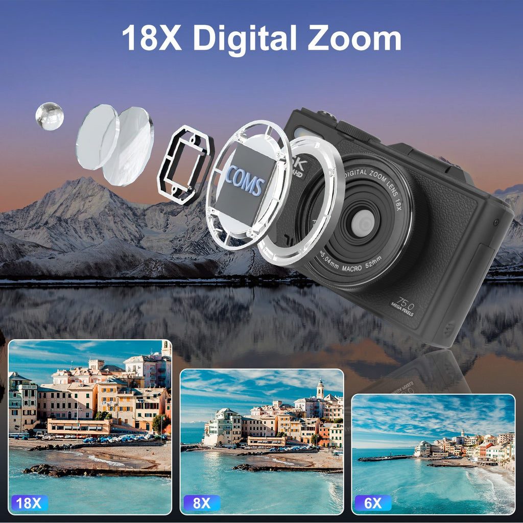 1Pc 5K 75MP Digital Camera For Photography Anti Shake WiFi Vlogging Video Camera With 9 Shooting Modes 18X Zoom Fill Light Webcam Function 2 Batteries 32G MMC Card 180Degree Flip IPS Screen