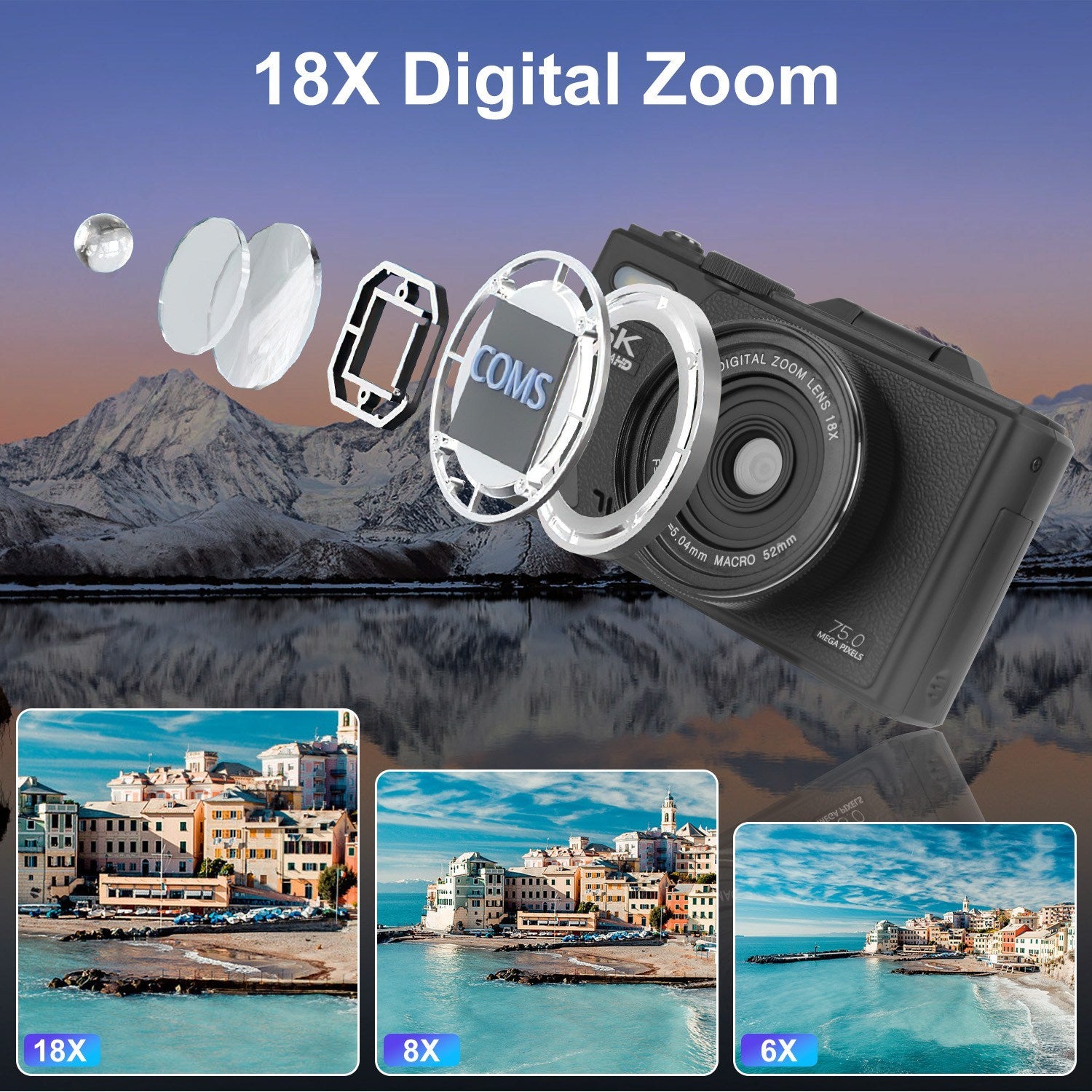 1Pc 5K 75MP Digital Camera For Photography Anti Shake WiFi Vlogging Video Camera With 9 Shooting Modes 18X Zoom Fill Light Webcam Function 2 Batteries 32G MMC Card 180Degree Flip IPS Screen