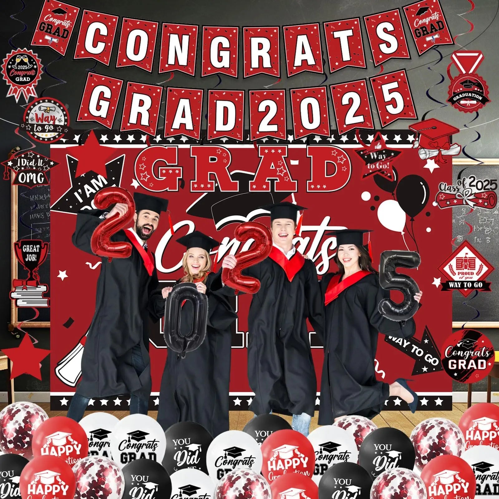 Graduation Decorations Class Of 2025 Set, Red Theme Graduation Party Supplies Of 50 Congrats Grad Banner Class Of 2025 Backdrop Balloons Hanging Swirls For High School College Celebrations - The Premium