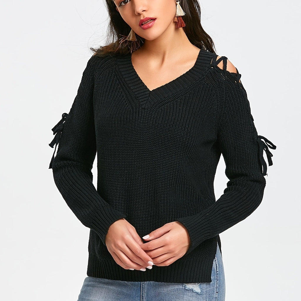 Hollow Knit Sweater Women Long Sleeve Tie Loose V-neck