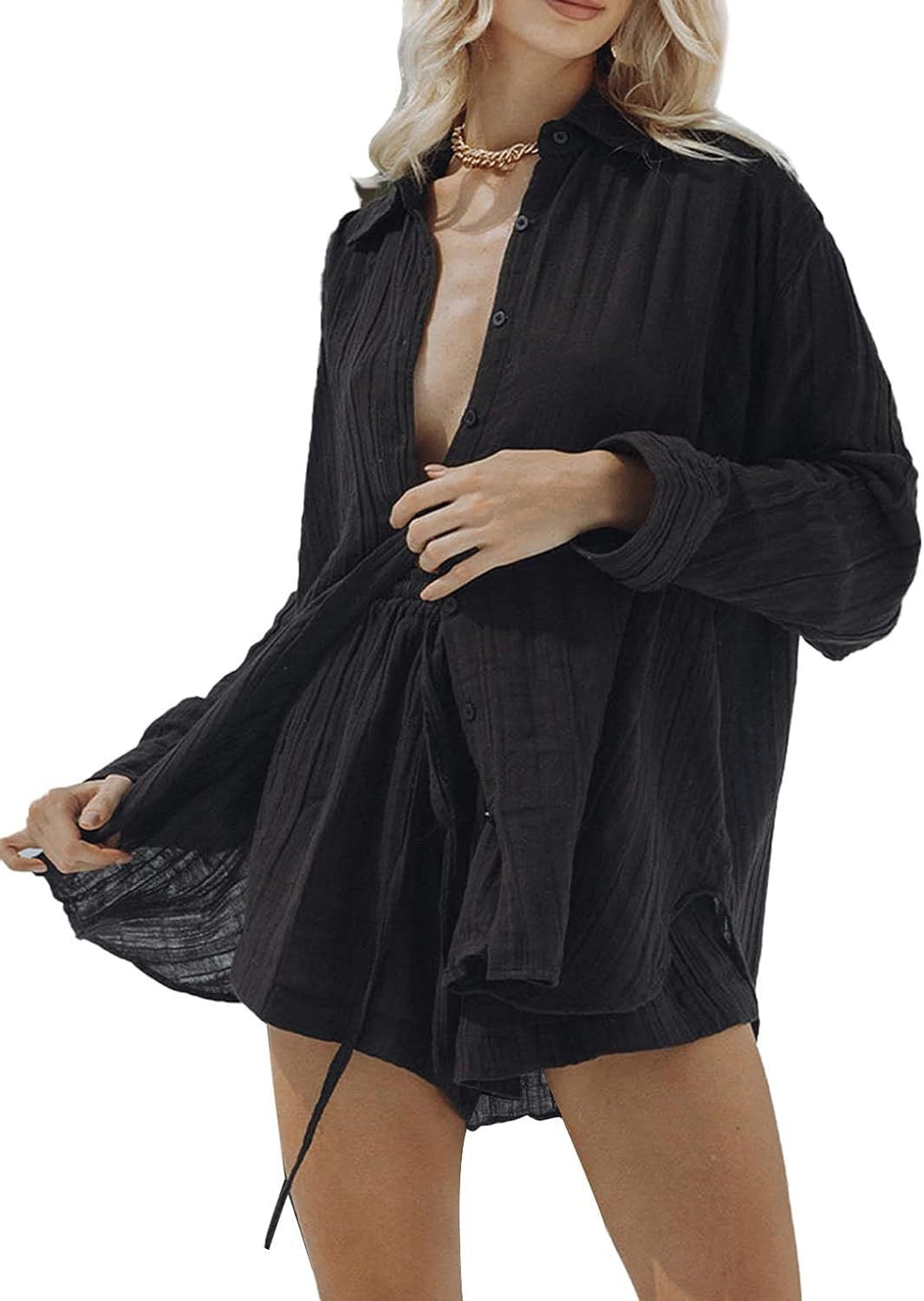 Women's Casual Long-sleeve Shirt And Shorts Set