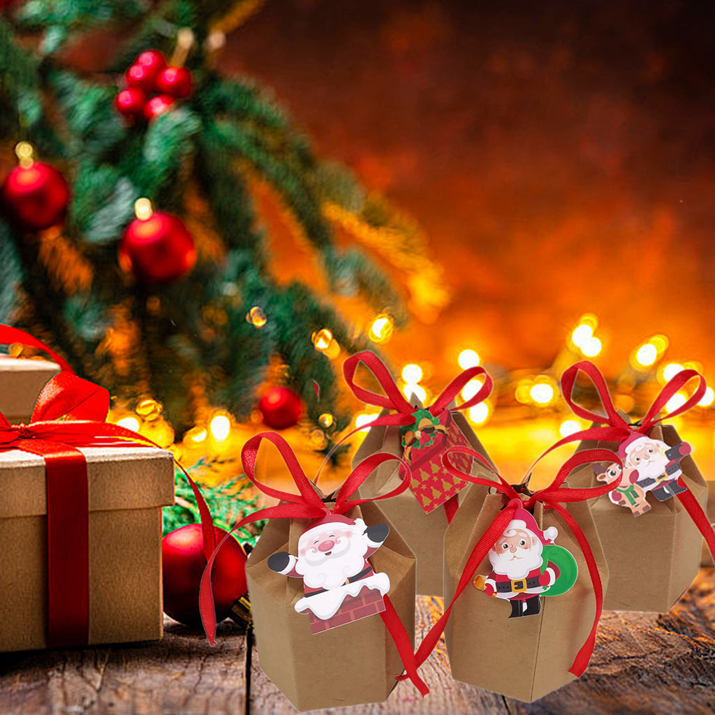 24 Pcs Christmas Treat Boxes With Cards And Ribbon Xmas Tree Santa Kraft Paper Cookies Candy Boxes Food Packaging Containers Gift Wrapping Box For Christmas Birthday Wedding Party Decoration - The Premium