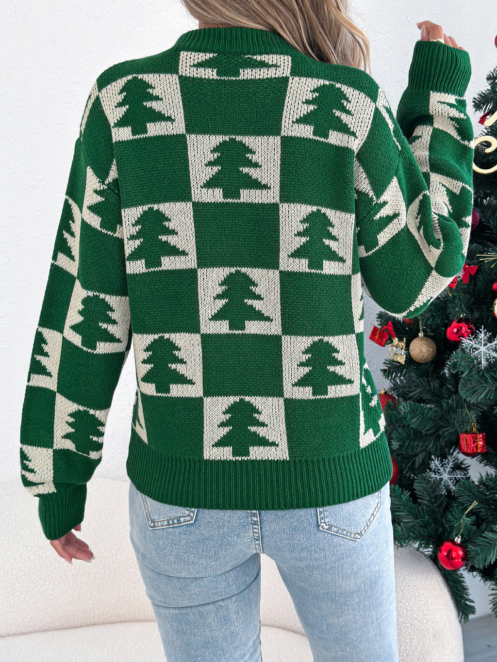 Christmas Tree Plaid Lantern Sleeve Pullover Sweater