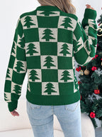 Christmas Tree Plaid Lantern Sleeve Pullover Sweater