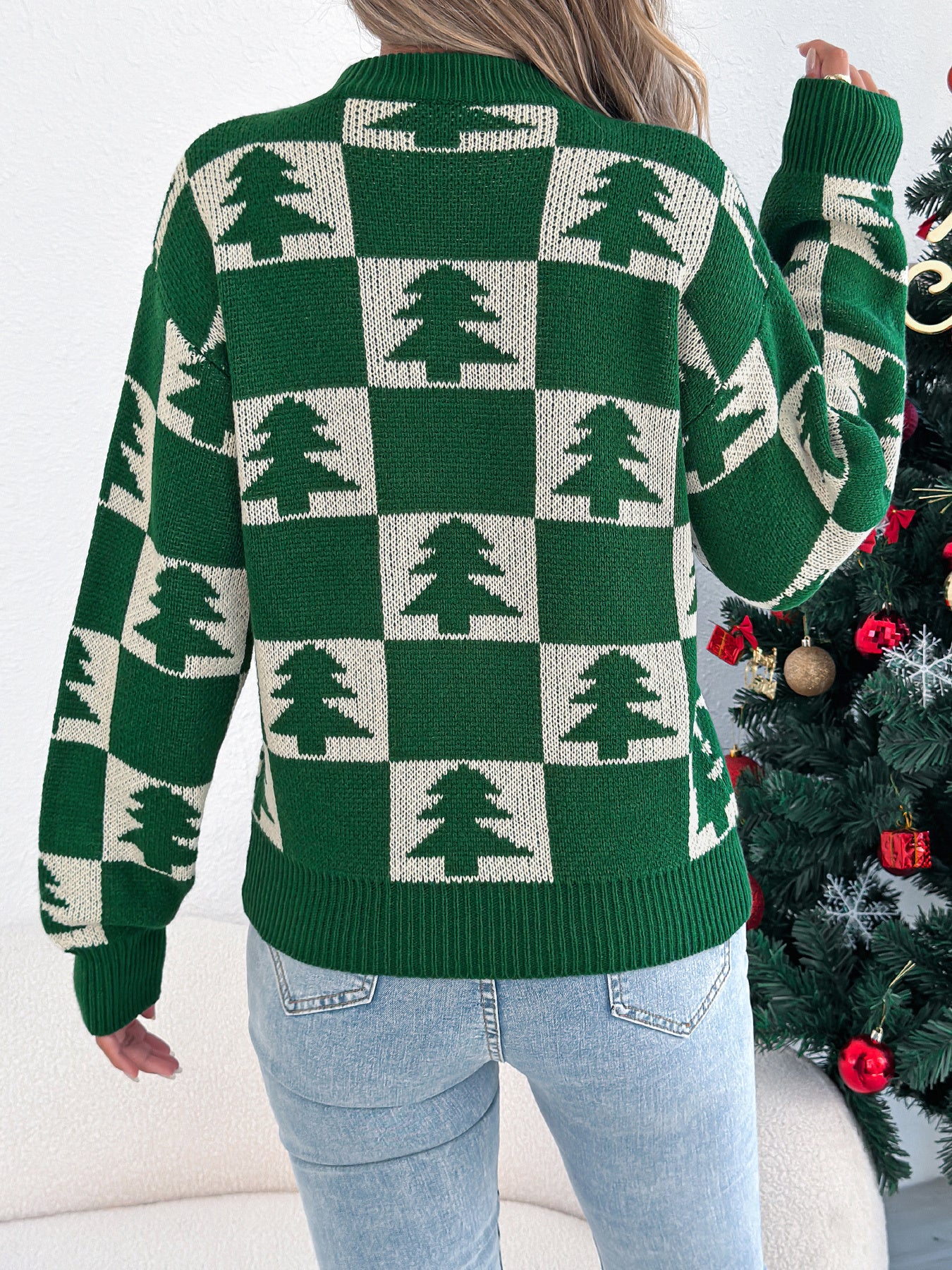 Christmas Tree Plaid Lantern Sleeve Pullover Sweater