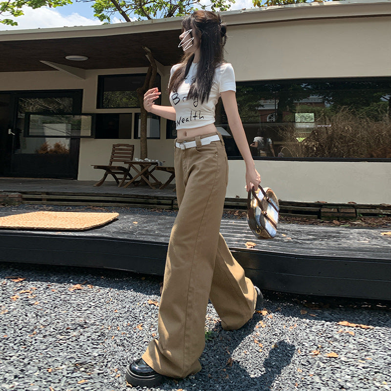 Niche High-end Latte Brown Solid Color Loose Wide-leg Mid-rise Comfortable Floor-dragging Pants