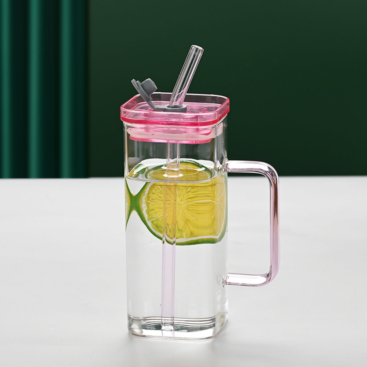 1 Pcs Green Glass Straw Cup, 6 Colors Square Glass Cup With Straw And Lid, High Borosilicate Glass Cup, Milk Cup, Juice Cup, Cold Drink Cup, Coffee Cup, Tea Cup, Office Cup, Gift Cup