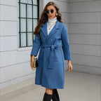 Blue Waist-tie Mid-length Women's Wool Coat