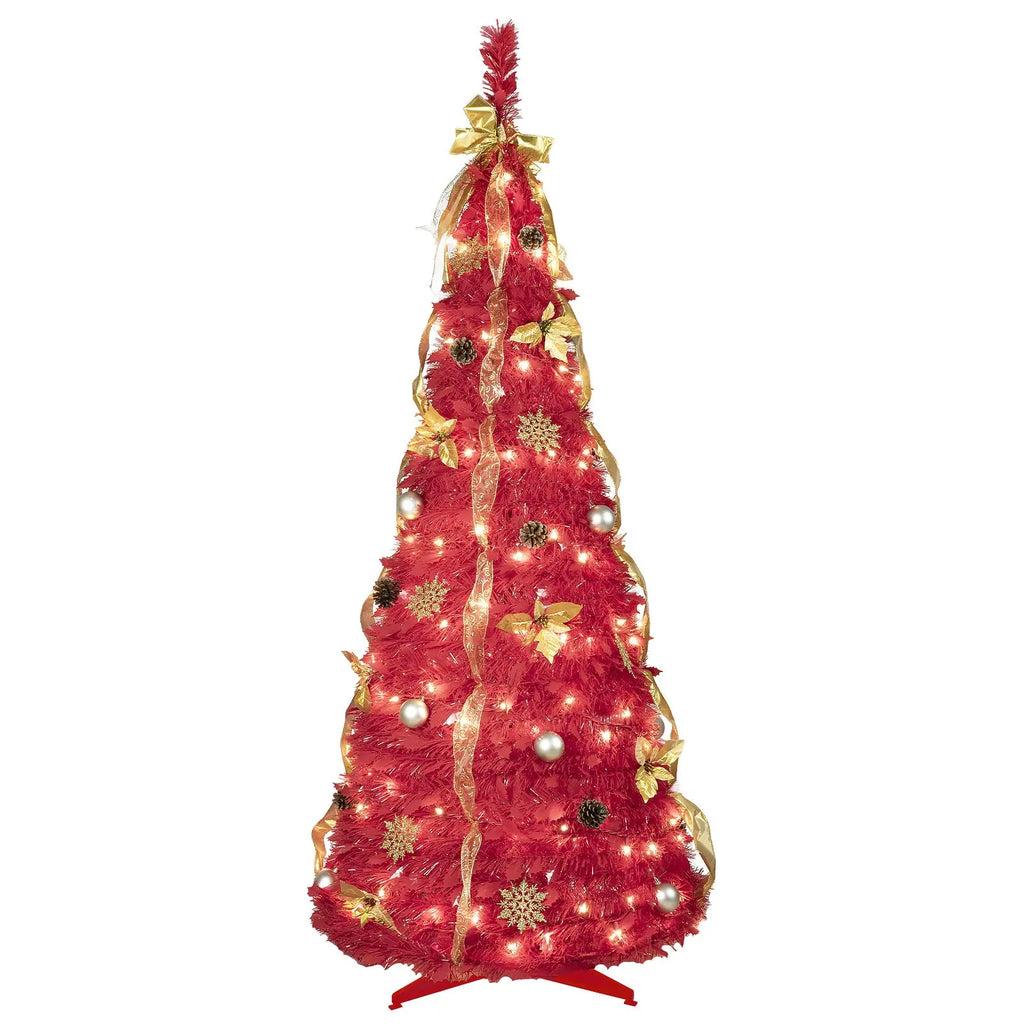 6-foot Red Pop-up Christmas Tree With 150 Warm White LED Lights, Fully Decorated, Easy To Assemble, Space-saving, Ideal For Small Spaces, Family Holiday Parties, And Fireplace Holiday Decorations - The Premium