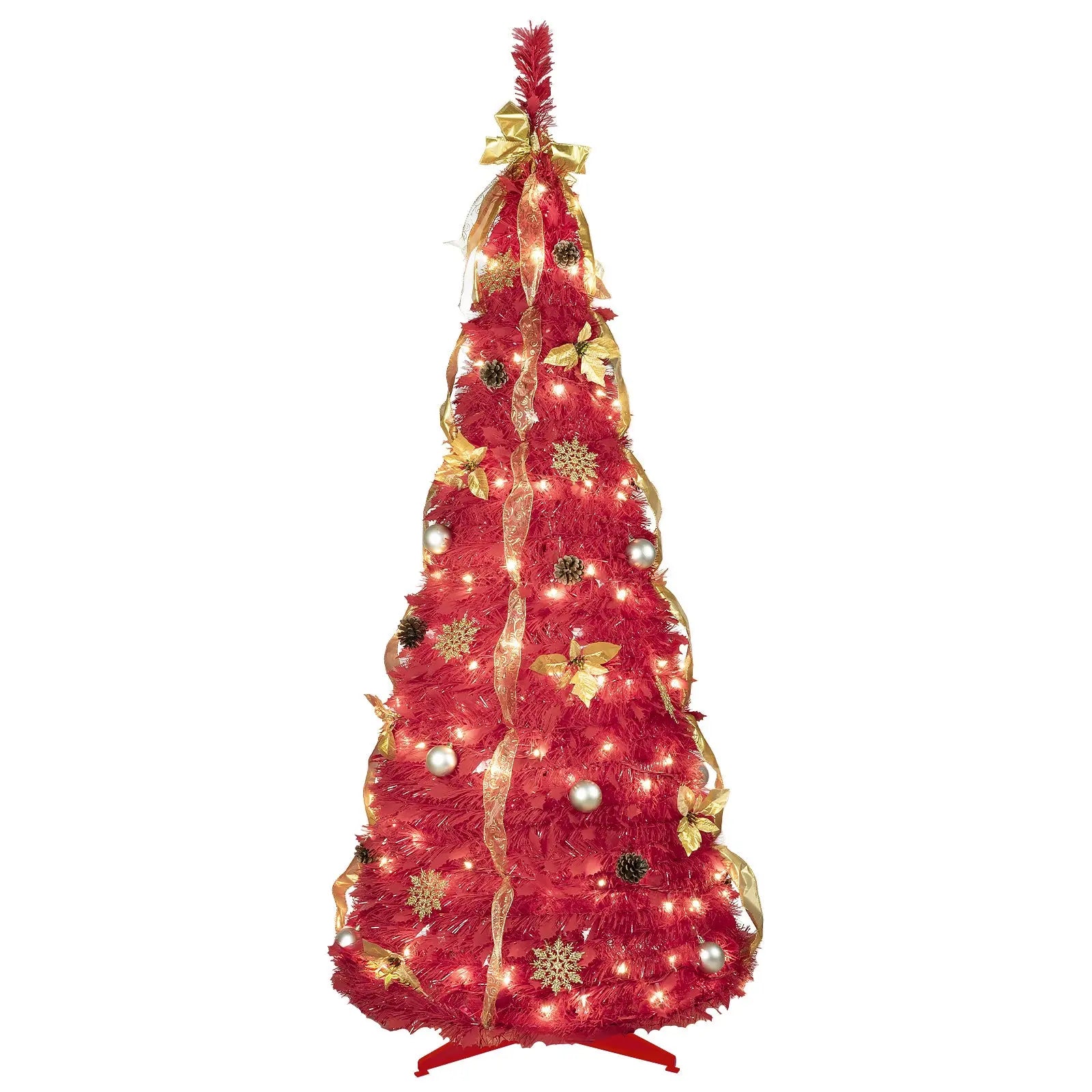 6-foot Red Pop-up Christmas Tree With 150 Warm White LED Lights, Fully Decorated, Easy To Assemble, Space-saving, Ideal For Small Spaces, Family Holiday Parties, And Fireplace Holiday Decorations - The Premium