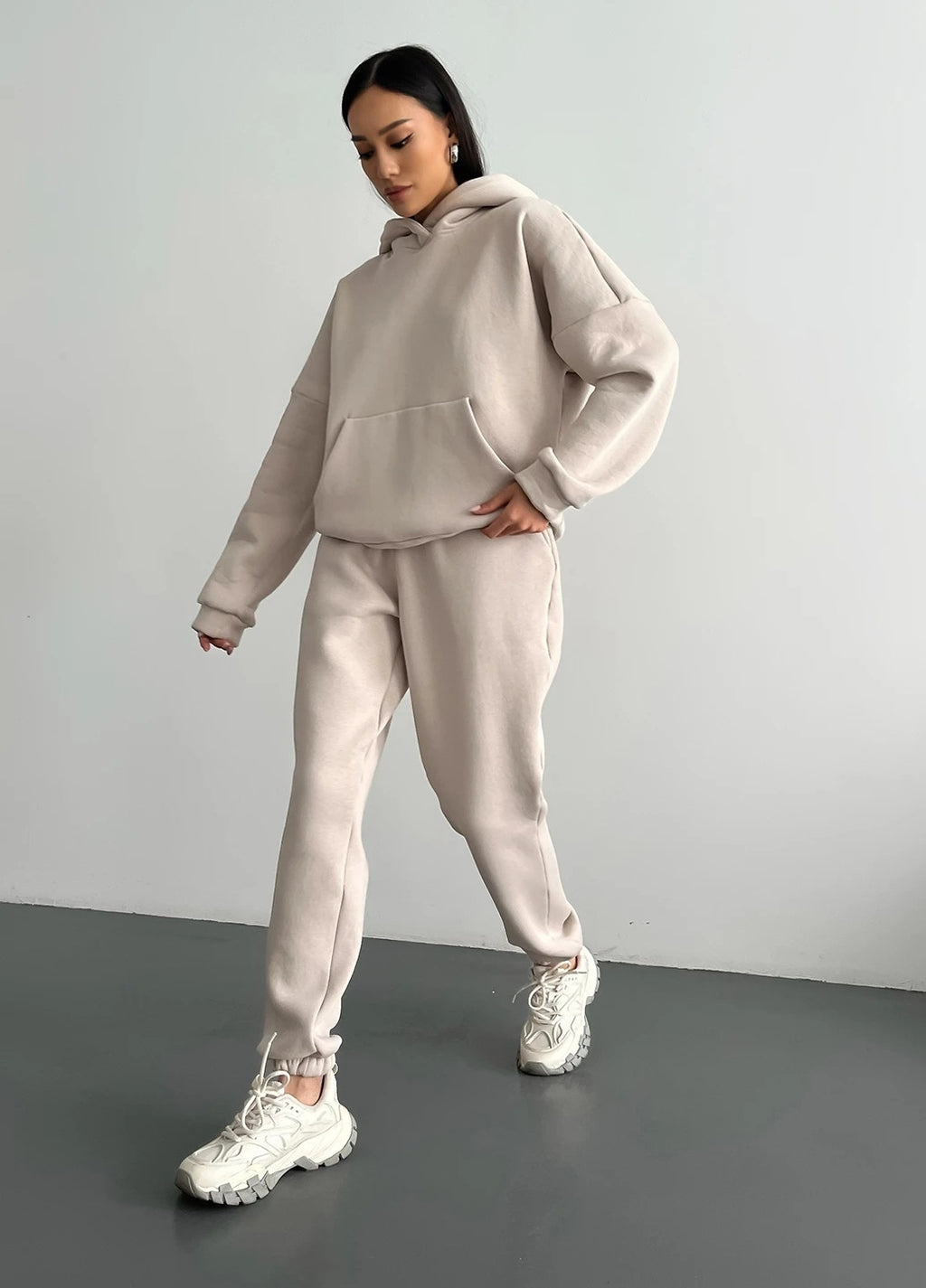 Casual Fleece-lined Hooded Sweatshirt And Pants Two-piece Set