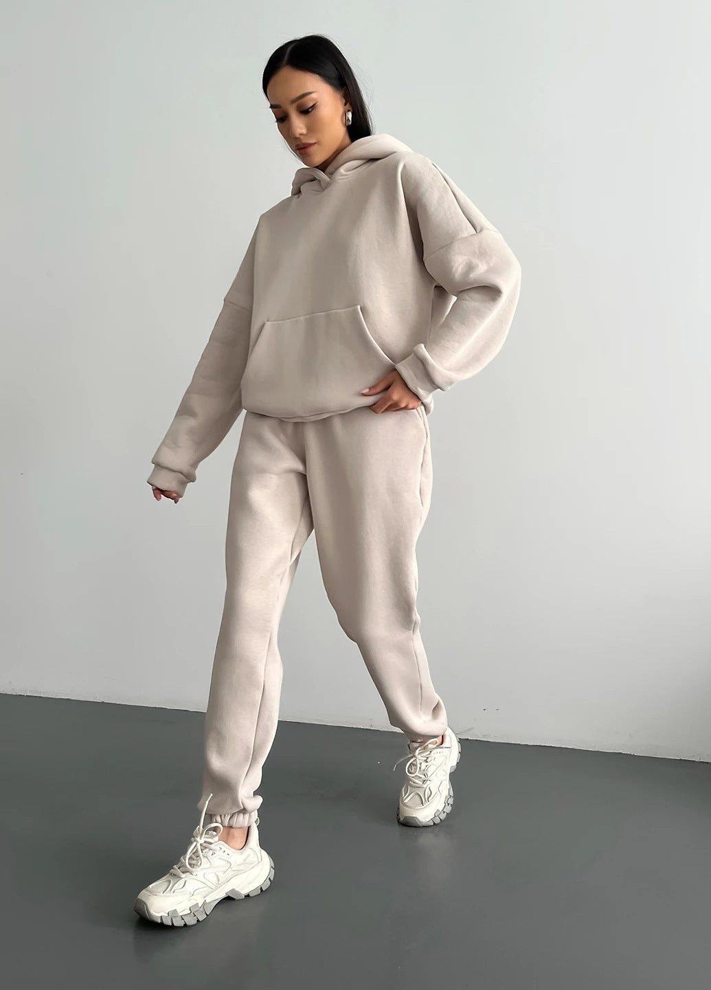 Casual Fleece-lined Hooded Sweatshirt And Pants Two-piece Set