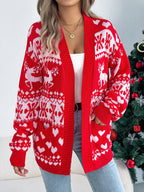 Christmas Deer Pocket Long Sleeve Cardigan Sweater Coat
