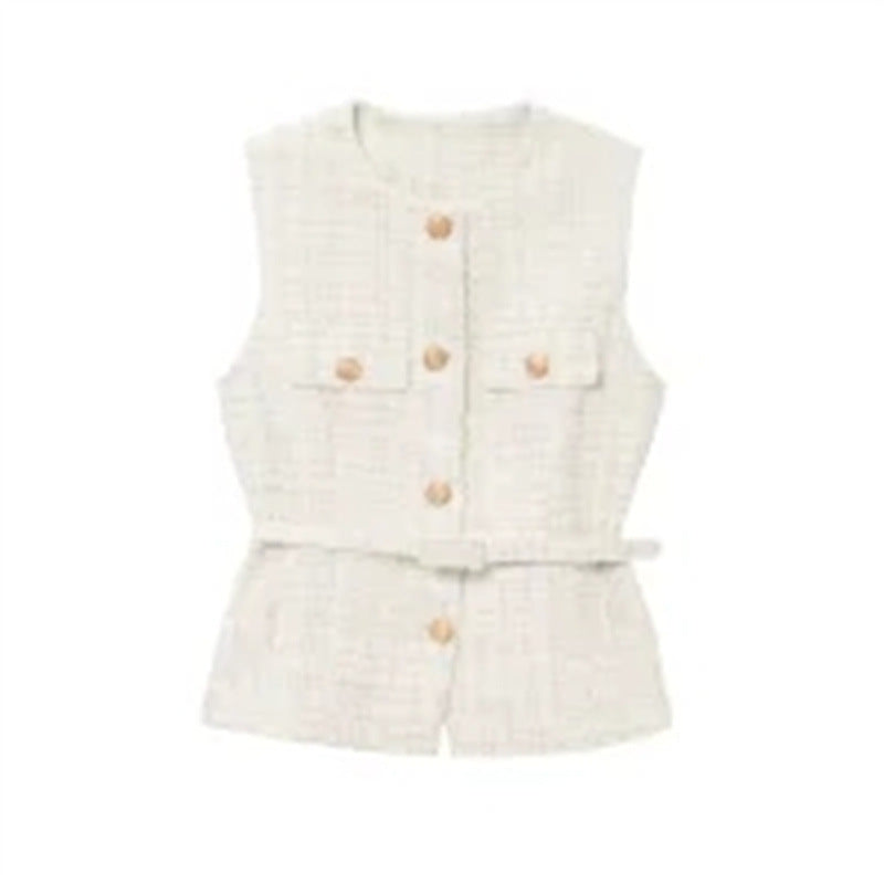 Women's Fashion Casual Sleeveless With Belt Texture Vest