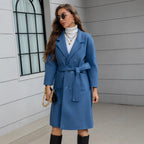 Blue Waist-tie Mid-length Women's Wool Coat