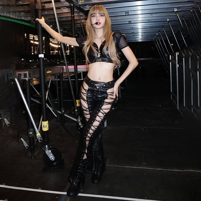 Slim Fit Hollow Lace Up PU Leather Pants Slim Fit Hollow Out Tied PU Leather Pants Women