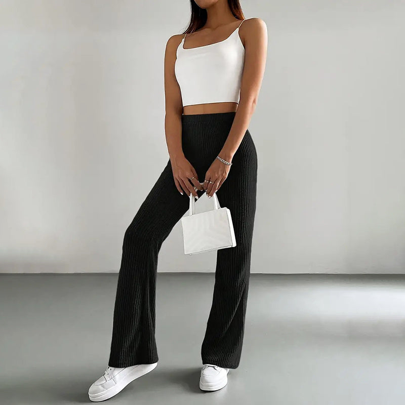 Women's Solid Color Rib-Knit Jogger Pants, Casual Stretch Pull-On Trousers For Spring And Fall