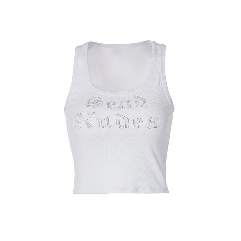 Fashion Casual Letter Rhinestone Short Vest For Women