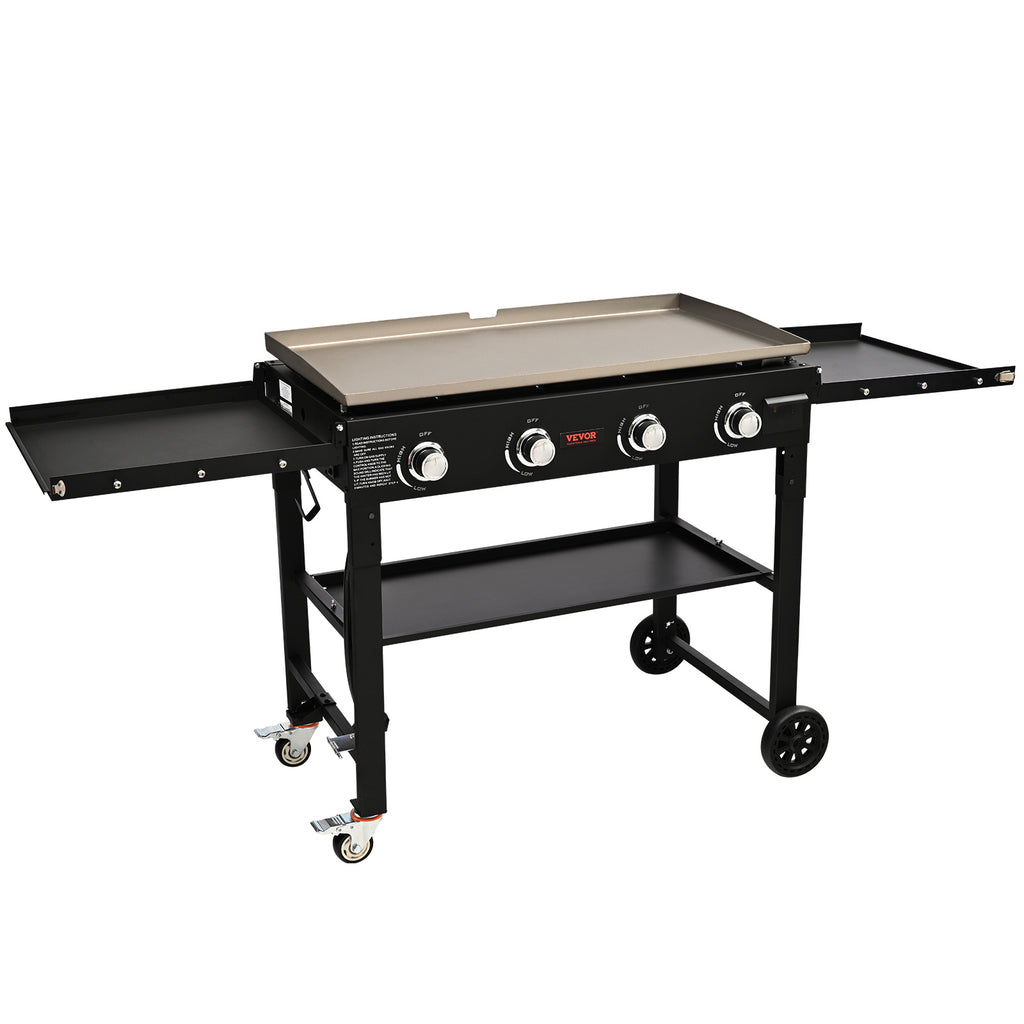 Commercial Griddle On Cart, 36' Heavy Duty Manual Flat Top Griddle, Outdoor Cooking Station With Side Shelves, Steel Natural Gas Griddle, 4-Burners Restaurant Portable Tested ToStandards