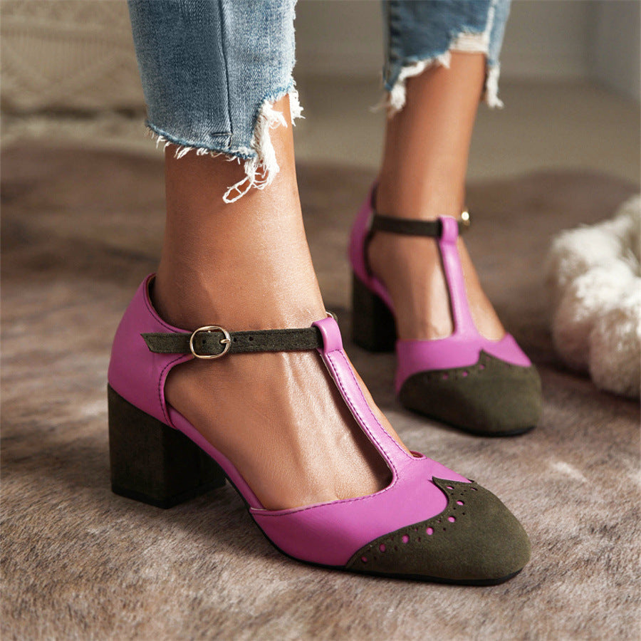 Leather Women's T-strap Two-tone High-heel Sandals
