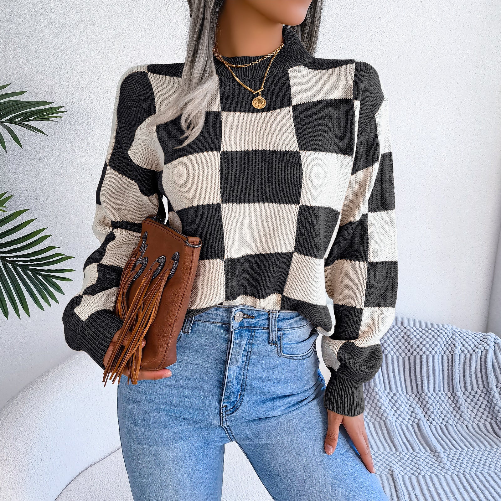 Street Style Color Block Plaid Long Sleeve Pullover Knit Sweater