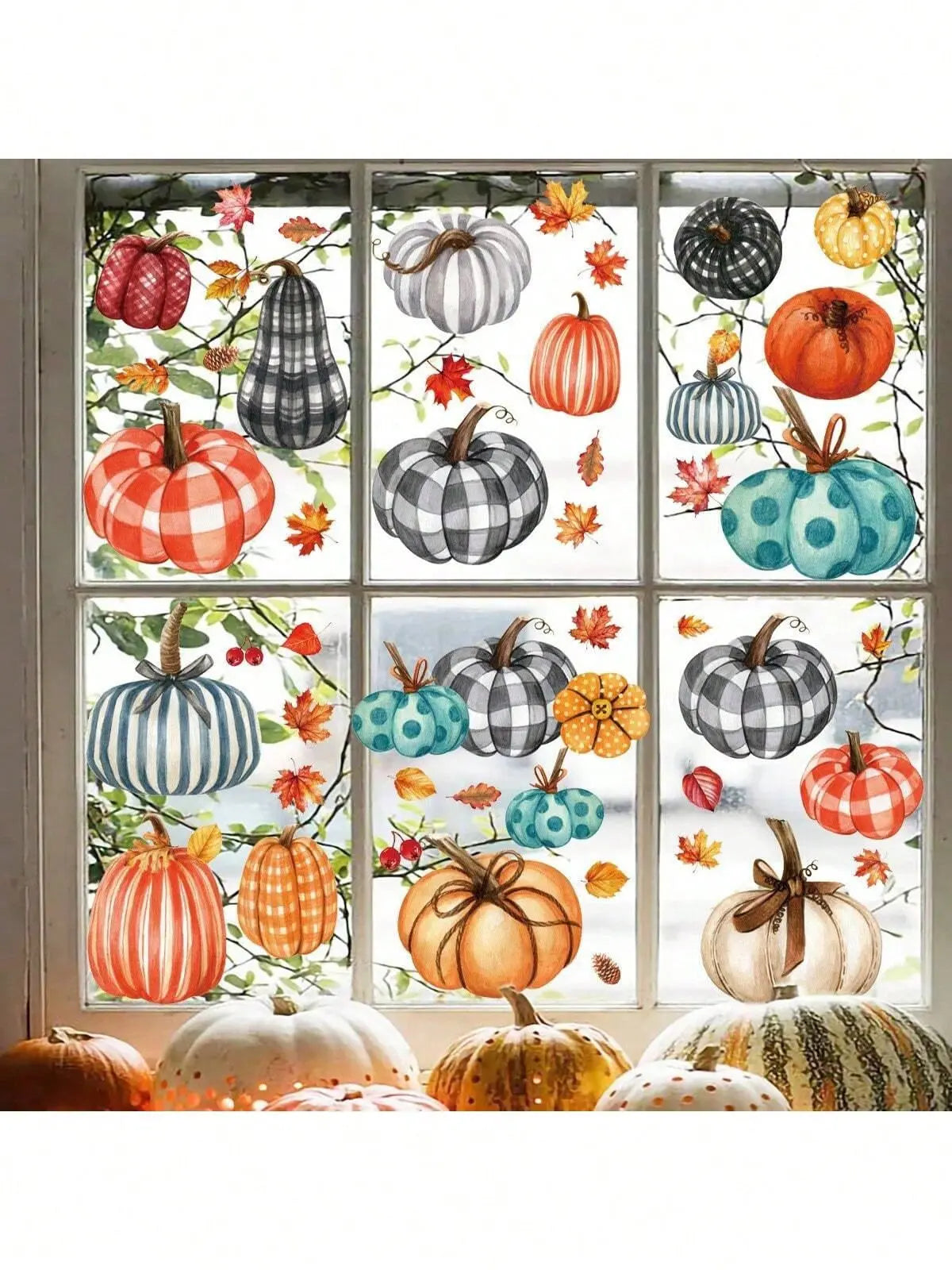 9 Sheets Pumpkin Window Clings Large Farmhouse Fall Leaves Window Clings Fall Thanksgiving Halloween Decorations Indoor Watercolor Double-Sided Printed Window Decor For Home Office Party - The Premium