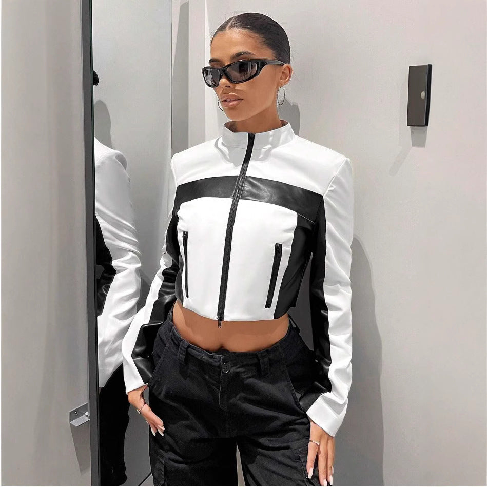 Black And White Contrast Color Leather Coat Women's Zipper Short Slim Jacket