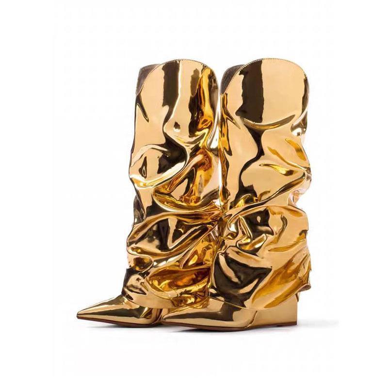 New Bright Noodle Wedge Wrinkle Boots