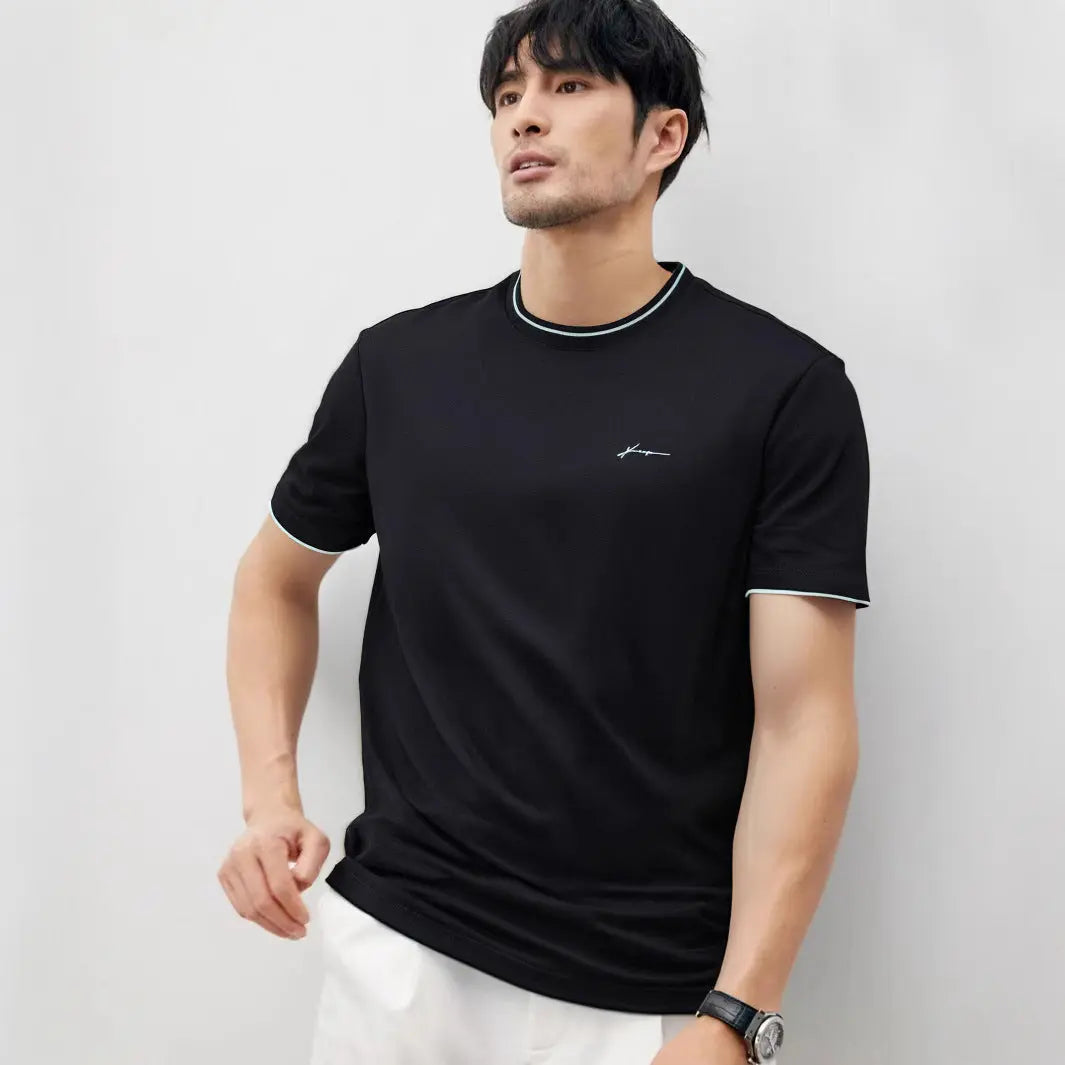 Trendy Color-blocked Round-neck T-shirt For Men With Personalized Artistic Signature Embroidery - The Premium