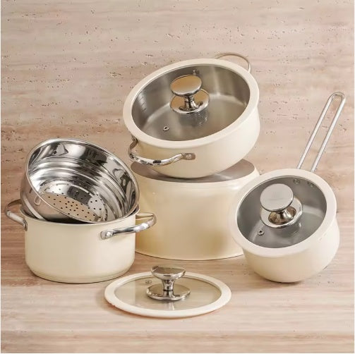 9pcs Stainless Steel Ceramic Coated Pot Set, Including 1 Milk Pot, 2 Stockpots, 1 Non-stick Pan, 4 LIDS And 1 Steamer
