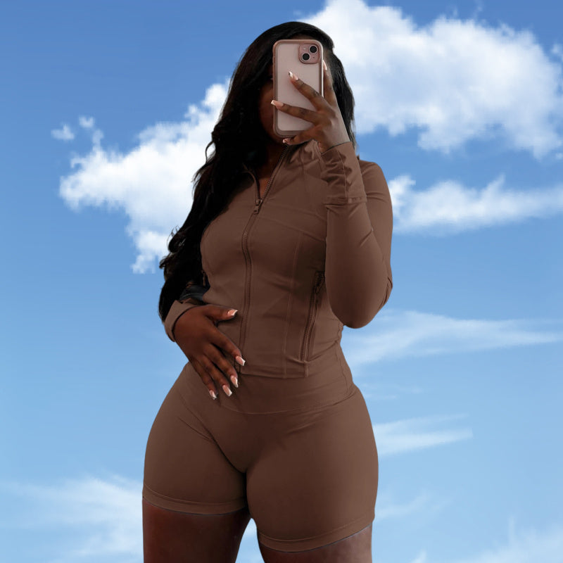 Spring And Summer Sporty Casual Sexy Tight Long-sleeve Shorts Two-piece Set