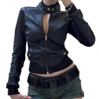 American Street Locomotive Style Waist Trimming Short Stand Collar PU Leather Jacket
