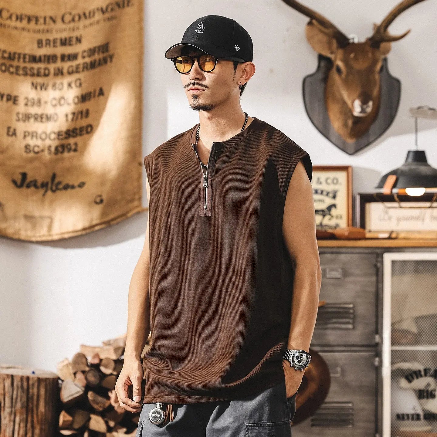 Vintage Zipper Sports Fitness Vest Men's Loose Waffle Texture Tough Guy T-shirt - The Premium