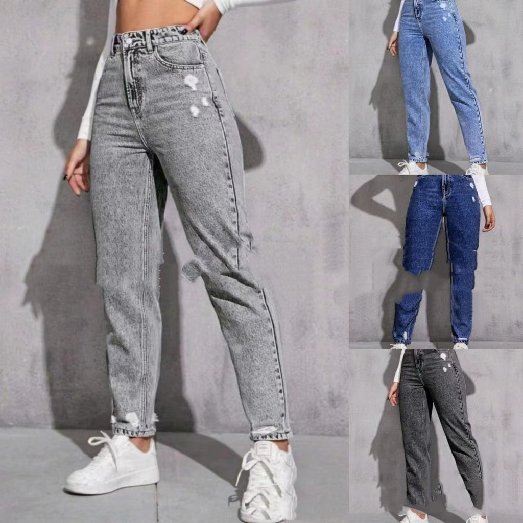 European And American Women's Casual Ripped Washed Jeans With Nine-part Calf