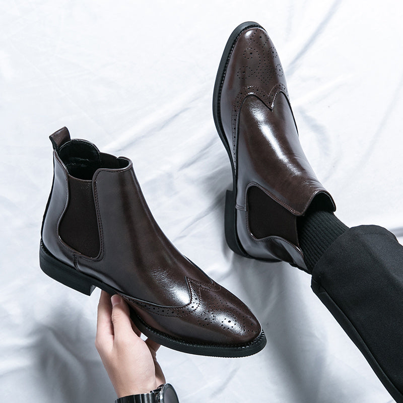 High-top Leather Shoes Men's Pointed Chelsea Booties